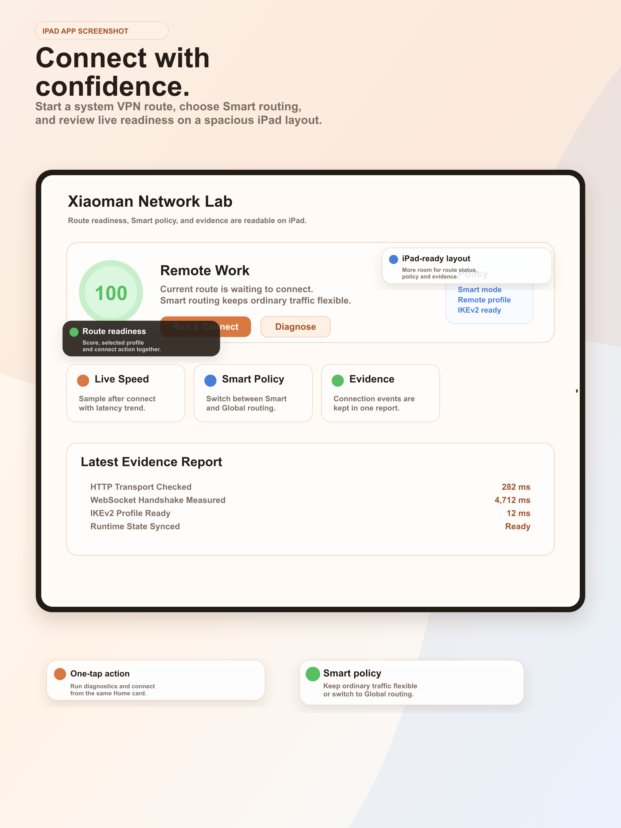 iPad screenshot showing route readiness and smart routing