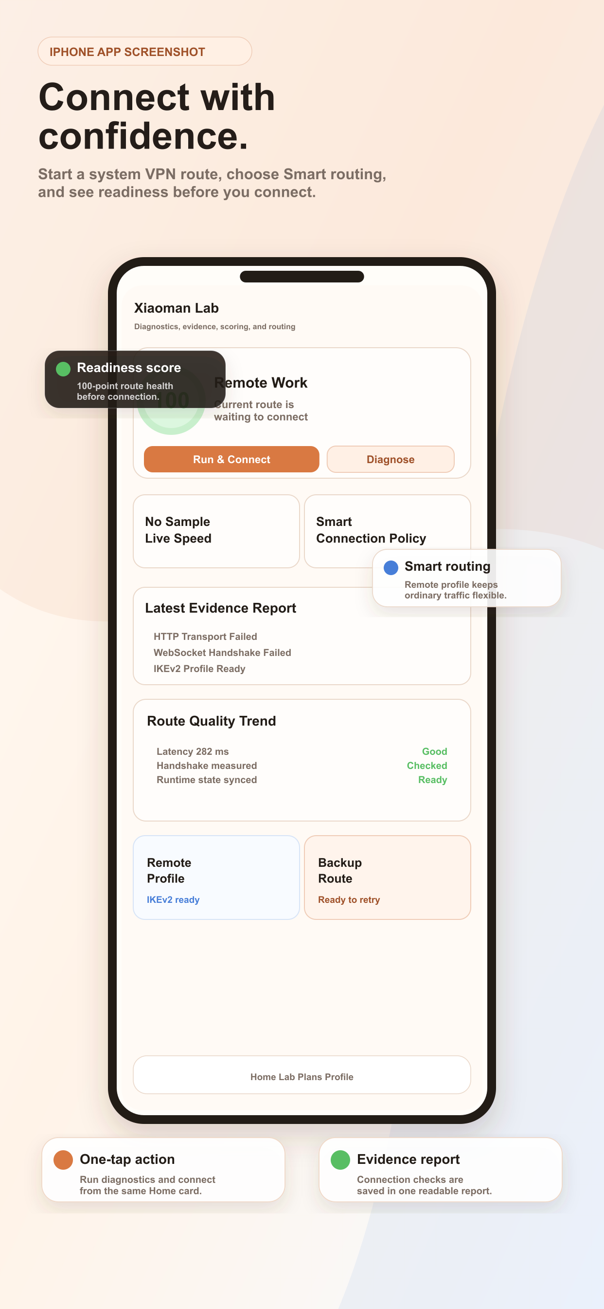 iPhone screenshot showing route readiness and smart routing