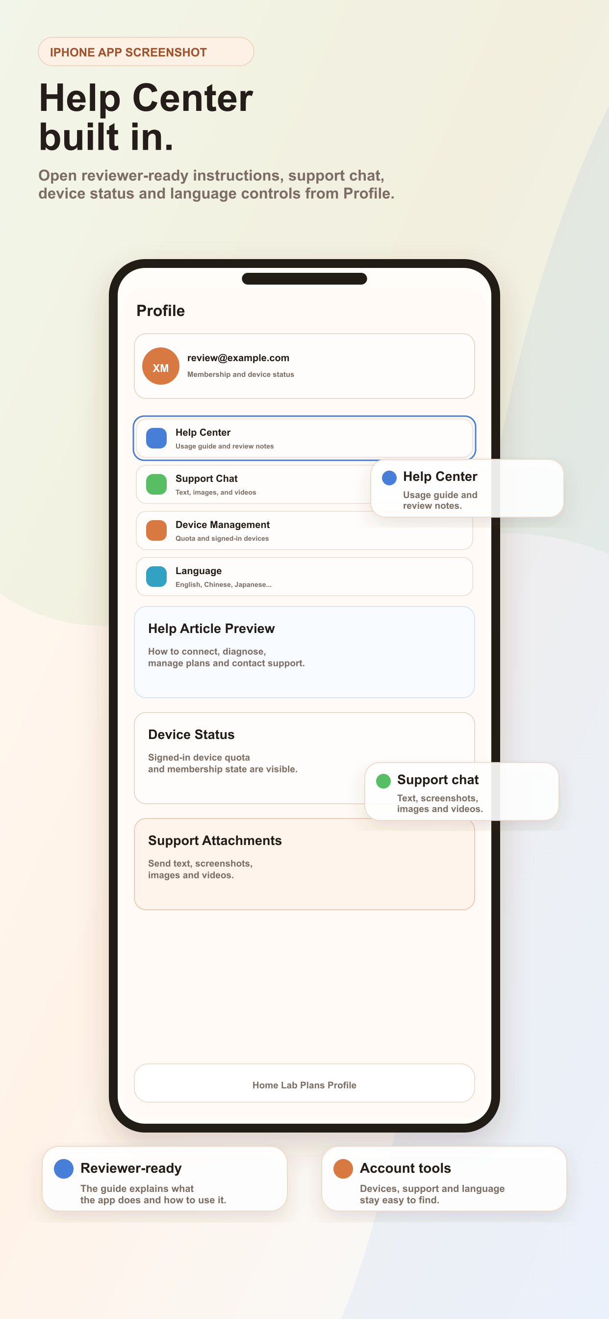 iPhone screenshot showing Help Center and Profile support